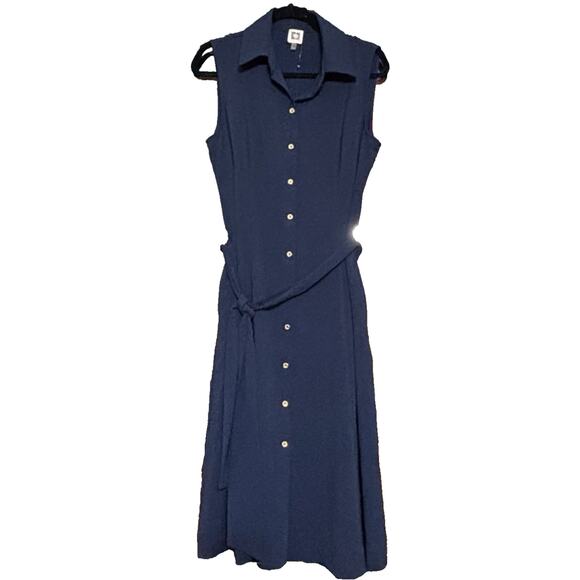 New Anne Klein Long Button Sleeveless Dress Sz 10 Tie Stretch Navy Blue Coastal - Picture 1 of 10